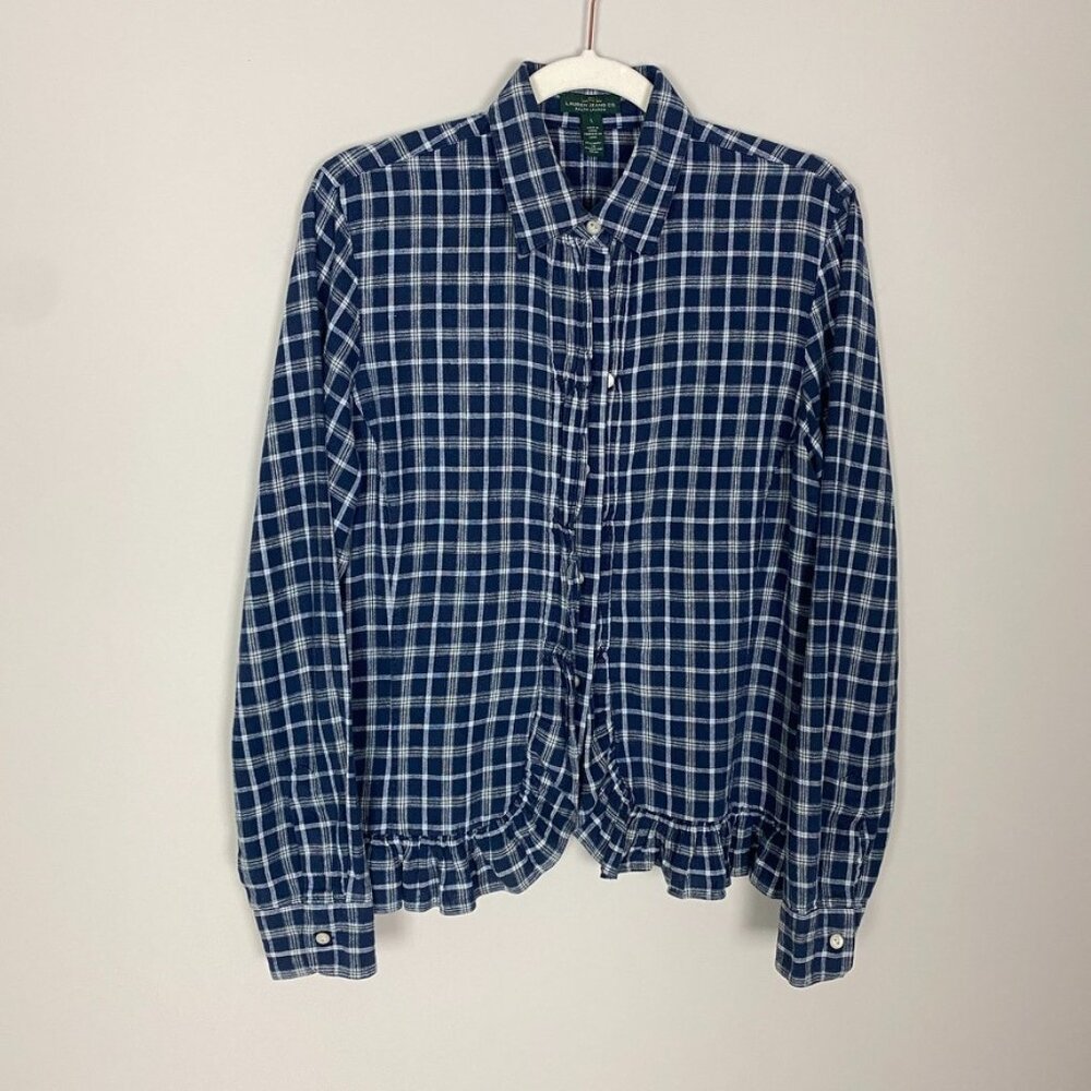 Lauren Ralph Lauren Plaid Linen Cotton Blend Button Up Shirt Long Sleeves